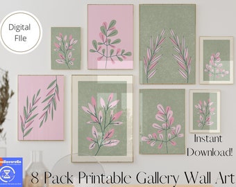 Arte de pared de galería rosa y verde salvia, conjunto de galería, decoración verde salvia, descarga digital, arte de pared imprimible x8, arte rosa rubor y verde salvia