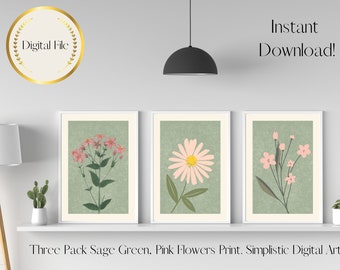 Arte de pared verde salvia con flores rosas x 3, descarga instantánea, decoración del hogar, descarga digital, arte de pared imprimible, decoración minimalista del hogar, rosa