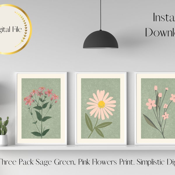 Wall Art Sage Green With Pink Flowers x 3, Instant Download, Home Decor, Digital Download, Printable Wall Art, Minimalistic Home Decor, Pink