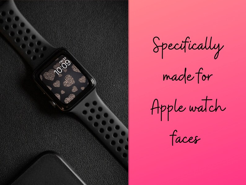 K&ouml;nnte beinhalten: Schwarze Apple Watch mit schwarzem Armband und einem Zifferblatt mit Herz-Muster, das "FRI 23" und "10:09" anzeigt.