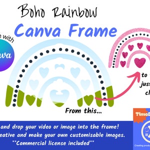 Drag & Drop Foto Canva-Vorlage, Boho-Regenbogen-Canva-Rahmen, Mehrere bearbeitbare Teile, Erstellen Sie Ihre eigenen Regenbogen-PNGs, Kommerzielle Nutzung inbegriffen