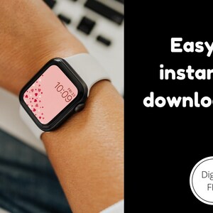 May include: A white Apple Watch with a pink watch face featuring a pattern of small red and pink hearts. The time is 10:09 and the date is Fri 23.