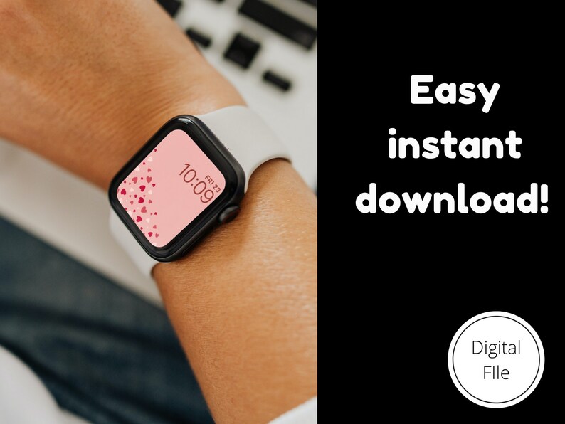 May include: A white Apple Watch with a pink watch face featuring a pattern of small red and pink hearts. The time is 10:09 and the date is Fri 23.