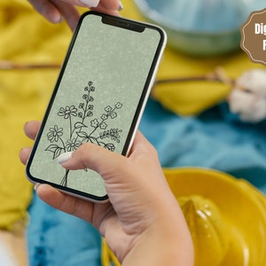 以下が含まれることがあります： 緑色の背景に花束のデジタルイラストが表示されたスマートフォン