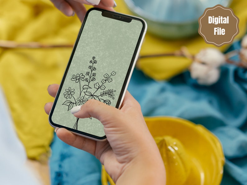 以下が含まれることがあります： 緑色の背景に花束のデジタルイラストが表示されたスマートフォン