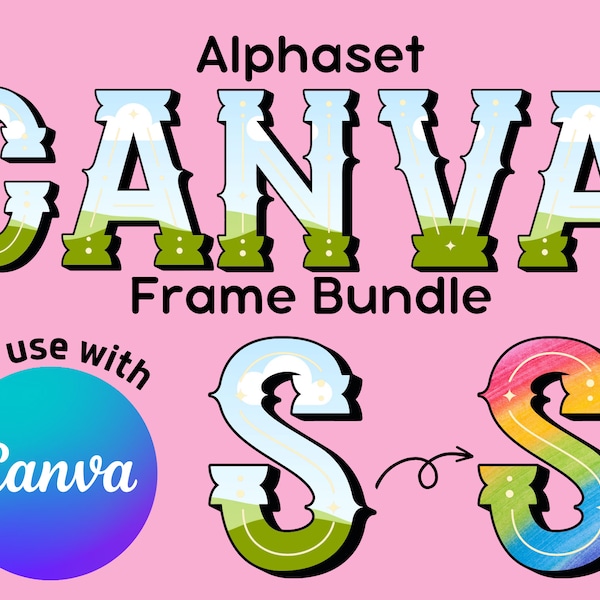 Lettres modifiables CANVA personnalisées, modèle de cadre Alphaset Canva, téléchargement numérique de polices de dessin animé, faites glisser et déposez des cliparts alphabet personnalisés sur CANVA