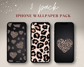 Leopard Print Apple iPhone Wallpapers, 3 Pack of Cell Phone Wallpaper, Leopard Print Hearts, Animal Print Wallpaper iPhone, Phone Background