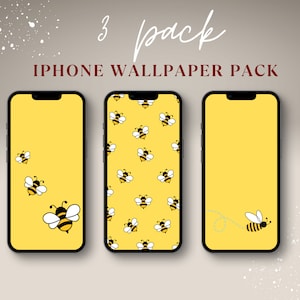 May include: A set of three iPhone wallpapers featuring a cute cartoon bee design. The first wallpaper has a single bee in the bottom right corner, the second wallpaper has a repeating pattern of bees, and the third wallpaper has a single bee flying across a yellow background.