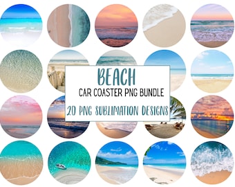 May include: A set of 20 beach-themed car coasters. The coasters feature various images of beaches, oceans, and sunsets. The images are all in a circular format and are perfect for adding a touch of summer to your car.