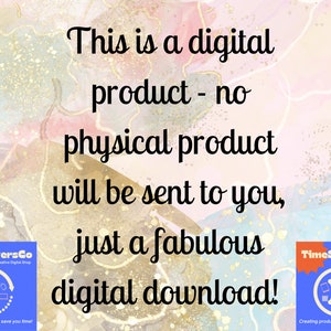 Pu&ograve; includere: Annuncio di prodotto digitale con sfondo acquerello colorato. Il testo recita: "Questo &egrave; un prodotto digitale - nessun prodotto fisico ti verr&agrave; inviato, solo un favoloso download digitale!" Include il logo TimeSaversCo.