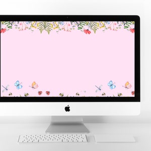 May include: A pink desktop computer with a floral border and butterflies, dragonflies, and ladybugs on the screen.
