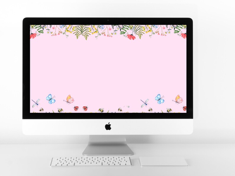 May include: A pink desktop computer with a floral border and butterflies, dragonflies, and ladybugs on the screen.