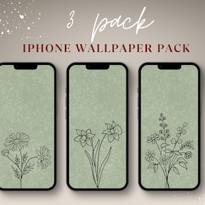 以下が含まれることがあります： 緑色の背景に、シンプルな花の線画が描かれたiPhone用壁紙3枚セット。画像の上部に「3 pack IPHONE WALLPAPER PACK」というテキストがあります。