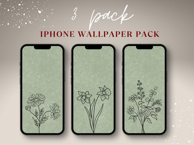 以下が含まれることがあります： 緑色の背景に、シンプルな花の線画が描かれたiPhone用壁紙3枚セット。画像の上部に「3 pack IPHONE WALLPAPER PACK」というテキストがあります。