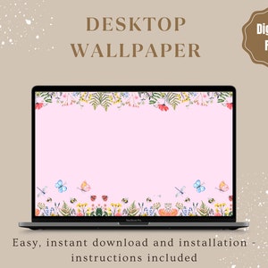 May include: A digital desktop wallpaper featuring a pink background with a floral border at the top and bottom. The flowers are in shades of pink, yellow, blue, and red. There are also butterflies and ladybugs in the design.