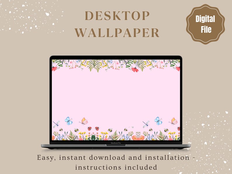 May include: A digital desktop wallpaper featuring a pink background with a floral border at the top and bottom. The flowers are in shades of pink, yellow, blue, and red. There are also butterflies and ladybugs in the design.