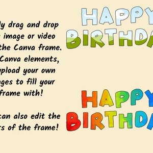May include: A colourful graphic design with the text "HAPPY BIRTHDAY" in two different styles. The first style is in green with a sky blue background. The second style is in rainbow colours. The text is on a light beige background.