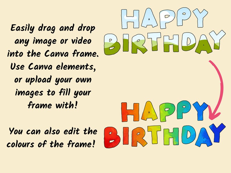 May include: A colourful graphic design with the text "HAPPY BIRTHDAY" in two different styles. The first style is in green with a sky blue background. The second style is in rainbow colours. The text is on a light beige background.