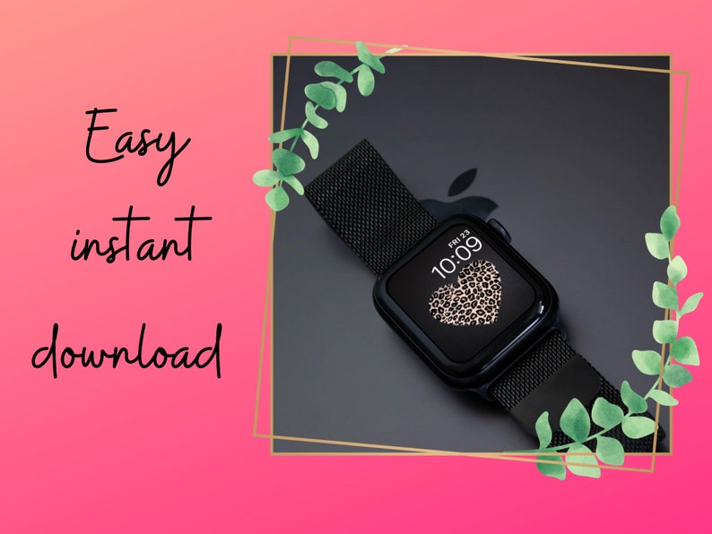 K&ouml;nnte beinhalten: Eine schwarze Apple Watch mit einem schwarzen Metallband und einem Leopardenherz auf dem Bildschirm. Das Zifferblatt der Uhr zeigt die Zeit 10:09 und das Datum Freitag, den 23.