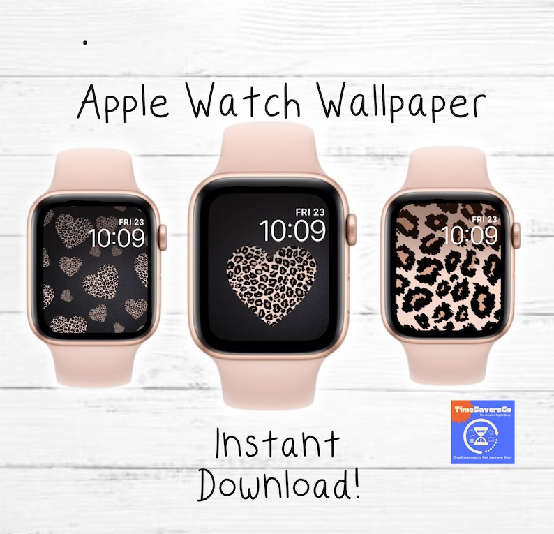 K&ouml;nnte beinhalten: Drei verschiedene Apple Watch-Zifferbl&auml;tter mit Leopardenmuster. Das erste Zifferblatt hat ein Leopardenherz, das zweite Zifferblatt hat ein Leopardenmuster und das dritte Zifferblatt hat ein Leopardenmuster mit Herzen. Der Text "FRI 23" und "10:09" wird auf jedem Zifferblatt angezeigt.