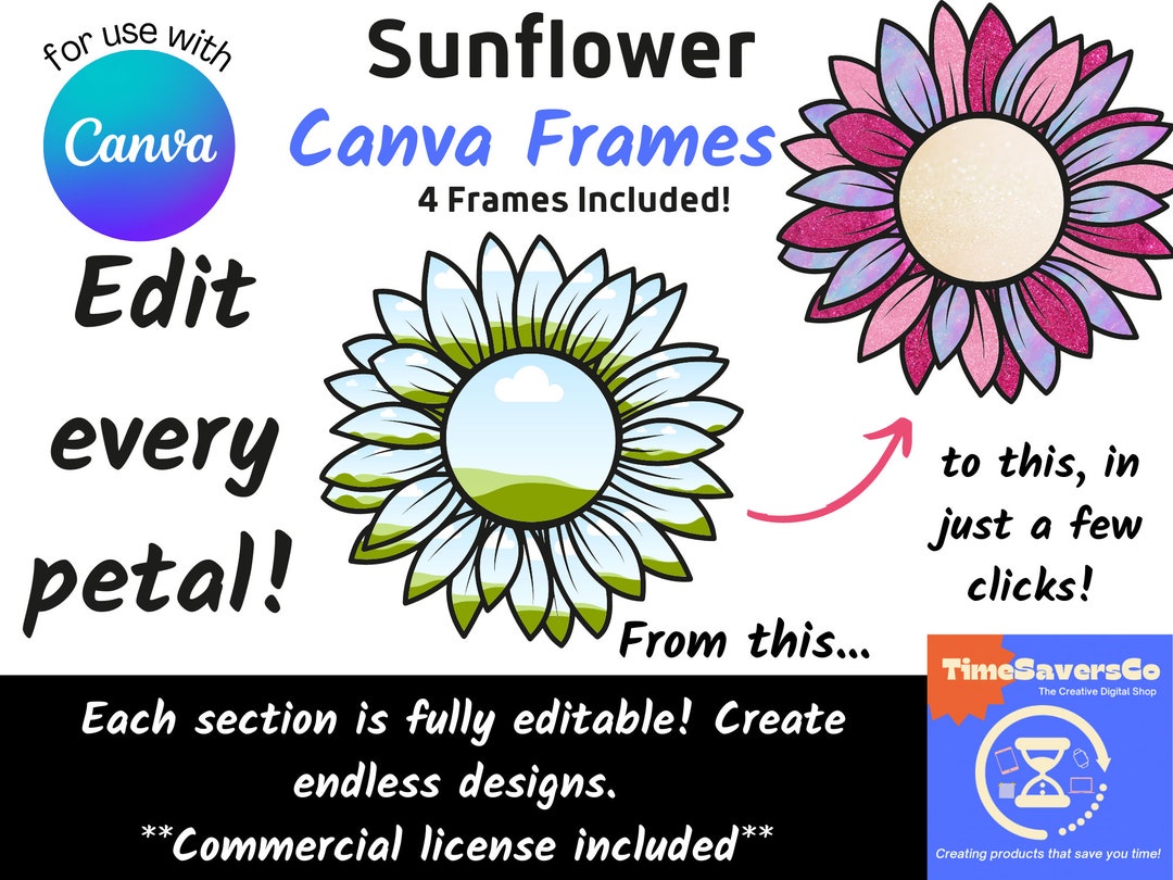 Create Your Own Clipart, Fully Editable Sunflower Canva Frame, Every Section Editable, Create