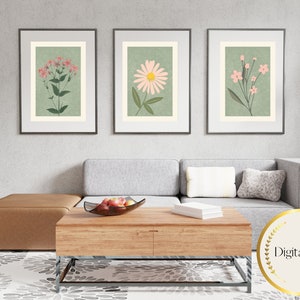 Wall Art Sage Green With Pink Flowers X 3 Instant Download - Etsy