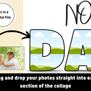 Op de afbeelding: Een digitale, afdrukbare collage-sjabloon voor een vaderdagkaart. De sjabloon bevat de woorden "NO.1 DAD" met elke letter in een vak met een ontwerp van lucht en gras. De tekst "Sleep uw foto's rechtstreeks in elke sectie van de collage" staat onder de sjabloon.