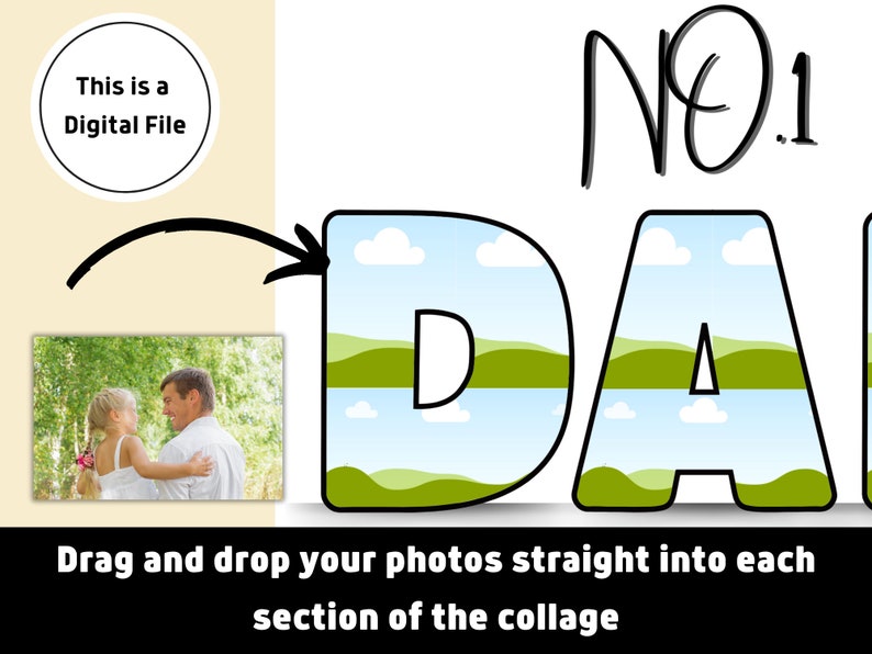Op de afbeelding: Een digitale, afdrukbare collage-sjabloon voor een vaderdagkaart. De sjabloon bevat de woorden "NO.1 DAD" met elke letter in een vak met een ontwerp van lucht en gras. De tekst "Sleep uw foto's rechtstreeks in elke sectie van de collage" staat onder de sjabloon.