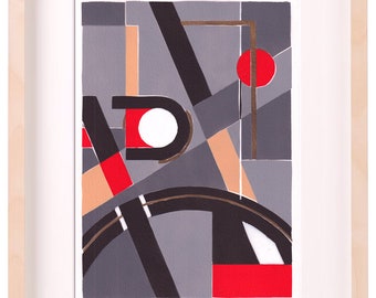 Composition Bici Grey Red Gold - Original Monoprint - Cycling Art - Vibrant Geometric Abstraction - Bike Art poster