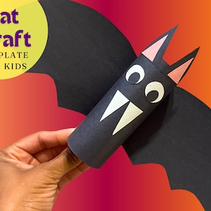 May include: A black paper bat craft with white eyes and fangs, and pink inner ears. The bat has large wings and is held against a gradient orange and purple background. Text on the image reads "Bat Craft Template for Kids."