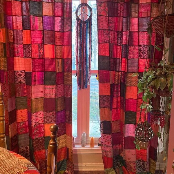 Rideaux de patchwork de tissu de sari de soie vintage indien, rideau de porte de décor à la maison, rideau de chambre à coucher de rideau de