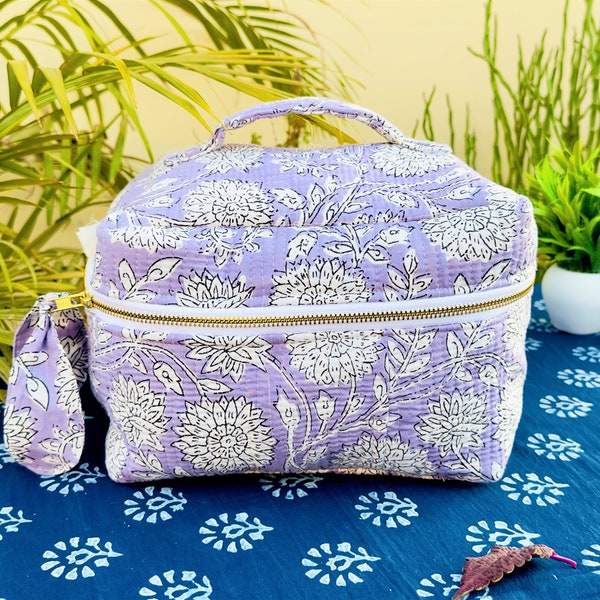Block Print Colorful Vanity Bags For Women Large Capacity Makeup Bags Handmade Quilted Cosmetic Bags