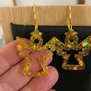 Holographic Christmas Angel Earrings:  Handmade Resin Glitter Dangles
