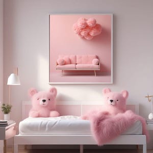 May include: A white bed with a pink fluffy blanket and two pink teddy bear pillows. A framed picture of a pink sofa and a fluffy pink cloud hangs on the wall behind the bed.