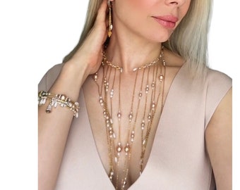 Parure collier cascade avec de nombreux pendentifs, boucles d'oreilles et bracelet