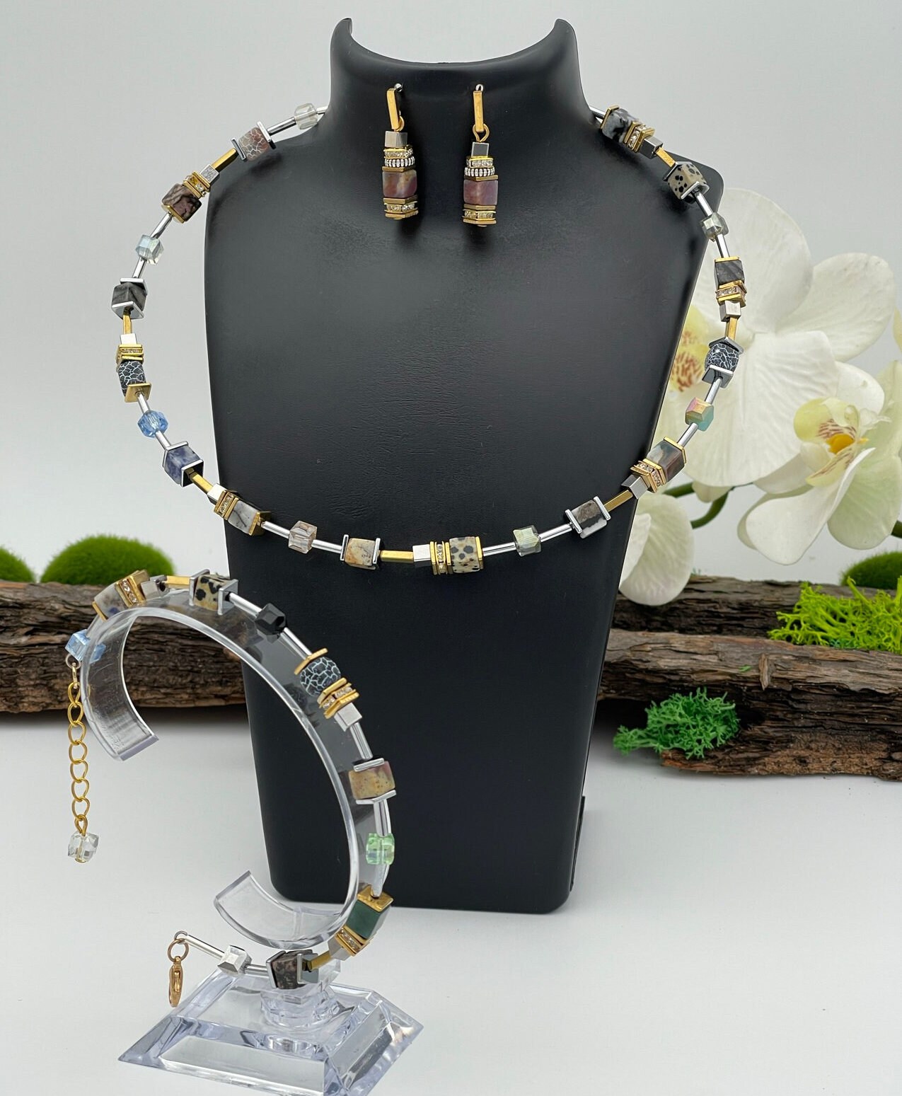 Ensemble De Bijoux De Mariage En CZ Plaqué Or Blanc - Collier Et Boucles D'oreilles Cube - Neuf Avec étiquettes