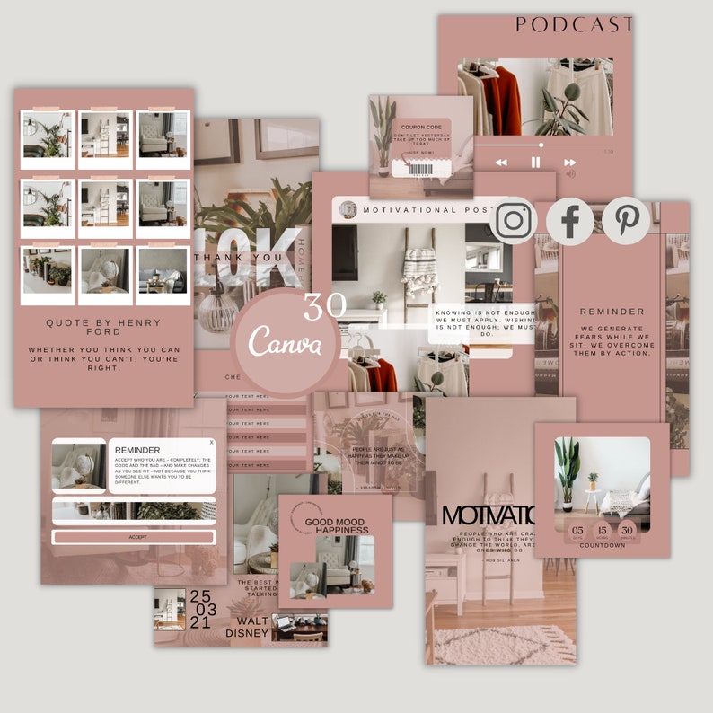 May include: A collection of social media templates with a pink and white color scheme. The templates feature quotes, motivational messages, and countdown timers. The text includes "Quote by Henry Ford", "Knowing is not enough, we must apply. Wishing is not enough, we must do", "Good Mood Happiness", "Motivational", "The best way to predict the future is to create it", "We generate fears while we sit. We overcome them by action", "Countdown", and "30 Canva".
