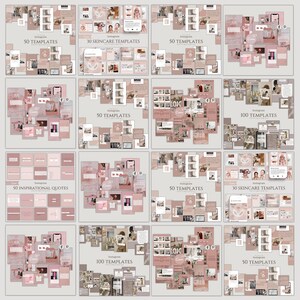 K&ouml;nnte beinhalten: Eine Collage aus 8 Instagram-Post-Vorlagen mit verschiedenen Designs und Layouts. Die Vorlagen sind in einem rosa und braunen Farbschema gehalten und enthalten Text wie "Instagram", "50 Vorlagen", "30 Hautpflege-Vorlagen" und "100 Vorlagen".