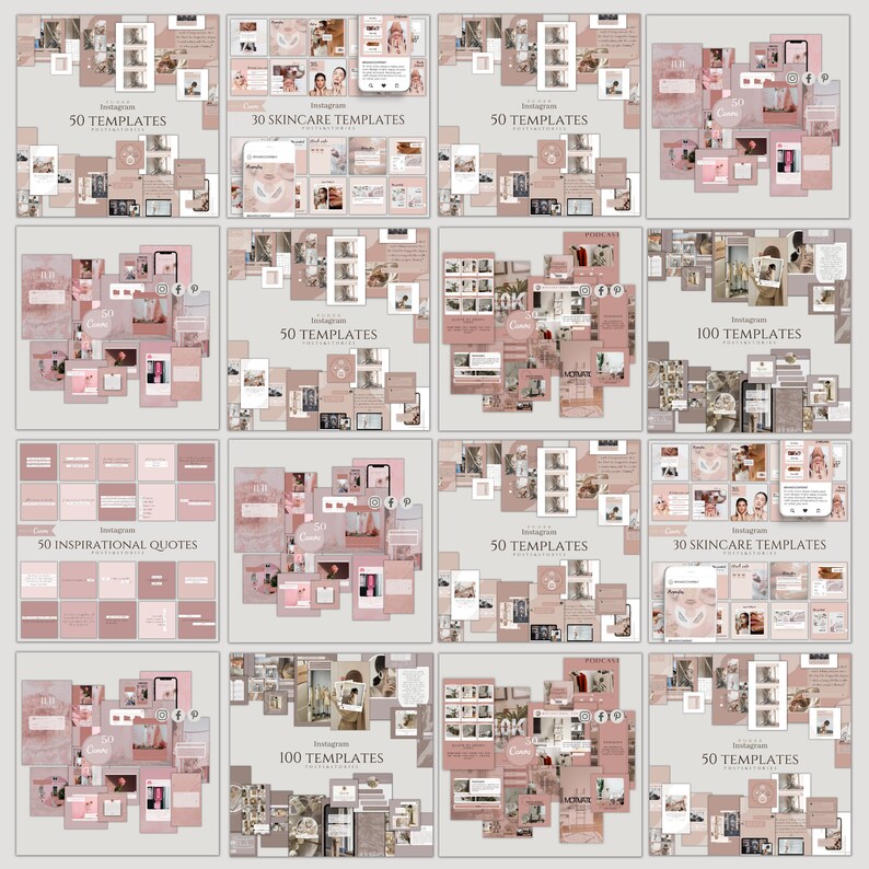 K&ouml;nnte beinhalten: Eine Collage aus 8 Instagram-Post-Vorlagen mit verschiedenen Designs und Layouts. Die Vorlagen sind in einem rosa und braunen Farbschema gehalten und enthalten Text wie "Instagram", "50 Vorlagen", "30 Hautpflege-Vorlagen" und "100 Vorlagen".