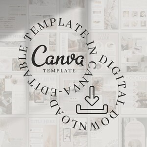 Pu&ograve; includere: Un design grafico in bianco e nero con il testo "TEMPLATE IN CANVA DIGITAL DOWNLOADABLE EDIT", "Canva TEMPLATE" e una freccia di download. La grafica &egrave; circondata da uno sfondo bianco con un motivo di grafiche pi&ugrave; piccole.