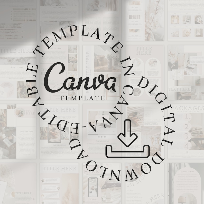 Pu&ograve; includere: Un design grafico in bianco e nero con il testo "TEMPLATE IN CANVA DIGITAL DOWNLOADABLE EDIT", "Canva TEMPLATE" e una freccia di download. La grafica &egrave; circondata da uno sfondo bianco con un motivo di grafiche pi&ugrave; piccole.