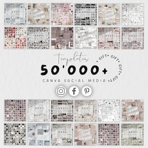 May include: A digital collection of over 50,000 Canva social media templates displayed in a grid of multiple square preview images. The central text reads Templates 50,000+ Canva Social Media with Instagram, Facebook, and Pinterest icons below.