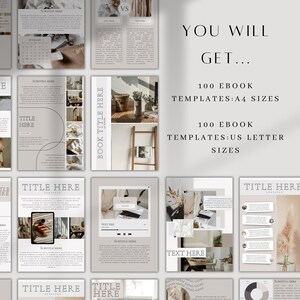 Pu&ograve; includere: Una collezione di 100 modelli di ebook in formato A4 e US Letter. I modelli presentano un'estetica minimalista con una tavolozza di colori neutri beige, marrone e bianco. Il testo "You Will Get..." &egrave; visualizzato in un grande font nella parte superiore dell'immagine.