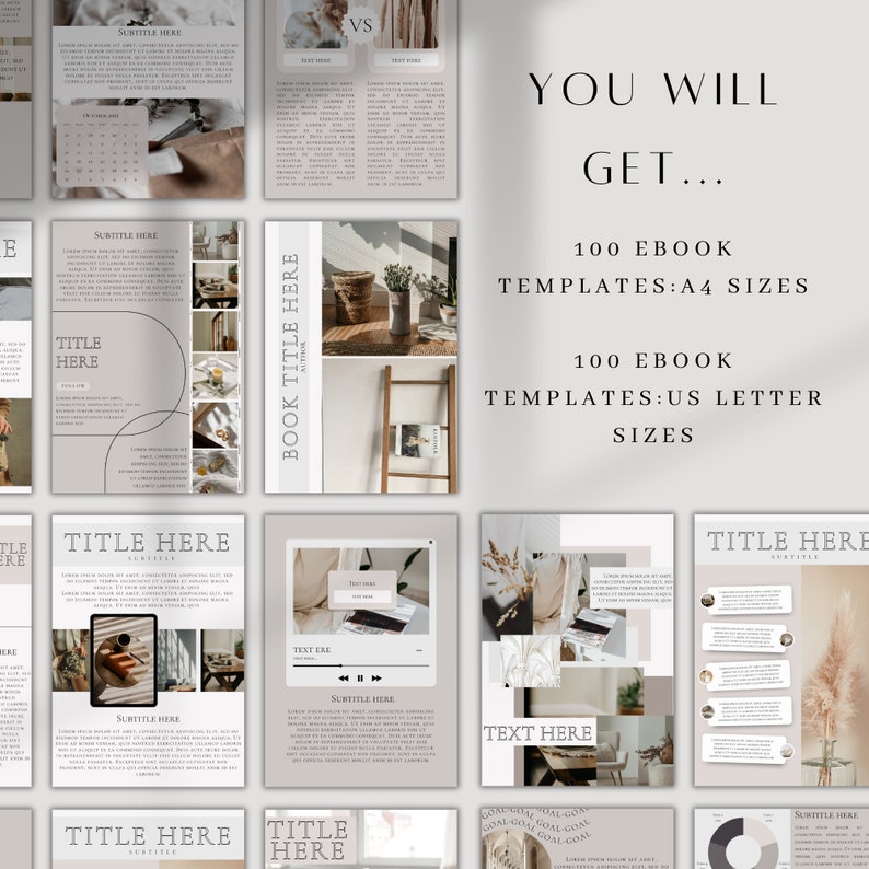 Pu&ograve; includere: Una collezione di 100 modelli di ebook in formato A4 e US Letter. I modelli presentano un'estetica minimalista con una tavolozza di colori neutri beige, marrone e bianco. Il testo "You Will Get..." &egrave; visualizzato in un grande font nella parte superiore dell'immagine.