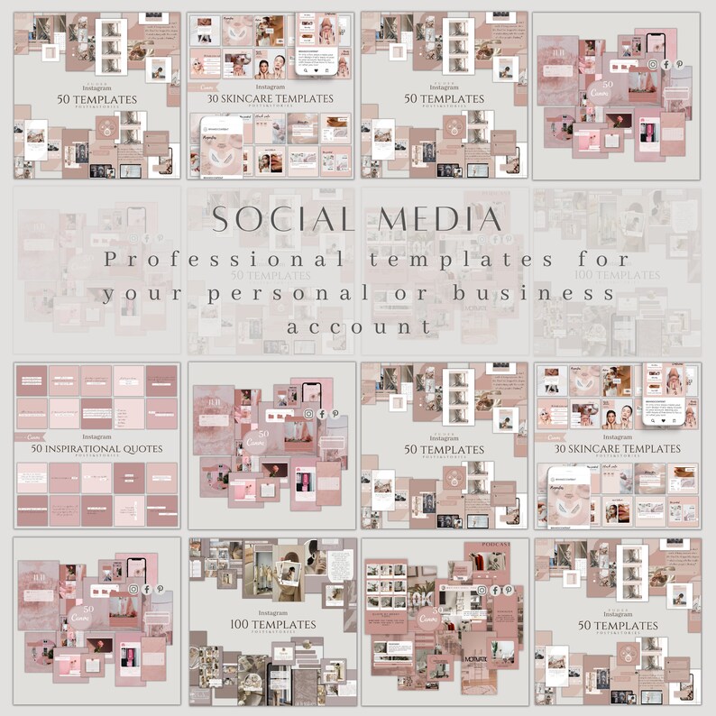 K&ouml;nnte beinhalten: Eine Collage aus Bildern, die Social-Media-Vorlagen f&uuml;r pers&ouml;nliche oder gesch&auml;ftliche Konten zeigen. Die Vorlagen sind in einem rosa und wei&szlig;en Farbschema gehalten und verf&uuml;gen &uuml;ber verschiedene Designs, darunter inspirierende Zitate, Hautpflegetipps und Lifestyle-Inhalte. Der Text "SOCIAL MEDIA" ist prominent in der Mitte der Collage dargestellt.