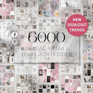 May include: A digital collection of 6000 social media templates featuring a pink circular badge with the text NEW 2026/2027 TRENDS. The display includes various grid layouts, Instagram, Facebook, and Pinterest icons, and diverse aesthetic designs.
