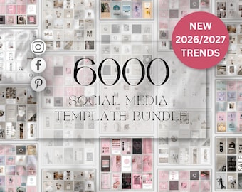Könnte beinhalten: Eine digitale Sammlung von 6000 Social-Media-Vorlagen mit einem rosa kreisförmigen Abzeichen mit dem Text NEW 2026/2027 TRENDS. Die Anzeige enthält verschiedene Rasterlayouts sowie Symbole für Instagram, Facebook und Pinterest.