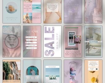 May include: A collage of 12 Instagram story templates with a pastel color scheme. The templates feature various quotes, images, and text overlays. Some of the templates include images of beaches, flowers, and a woman in a hat. The text overlays include phrases like "Coming Soon", "Self-Care", "Sale", "Motivation", and "Good Evening".