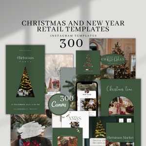 Puede incluir: Una colección de 300 plantillas de Instagram para el marketing minorista de Navidad y Año Nuevo. Las plantillas presentan un esquema de color verde con imágenes festivas, incluidos árboles de Navidad, adornos y cajas de regalo. El texto "300 Canva" es visible en la imagen.