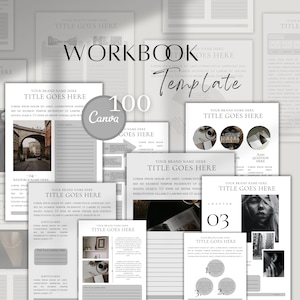 Puede incluir: Una plantilla de cuaderno de trabajo en blanco y negro con el texto "WORKBOOK Template" en una fuente grande. La plantilla incluye una variedad de páginas con diferentes diseños, que incluyen una página de título, una página de recursos, una página de preguntas y una página de capítulo. La plantilla está diseñada para ser utilizada para una variedad de propósitos, como la planificación, la elaboración de diarios y el establecimiento de objetivos.
